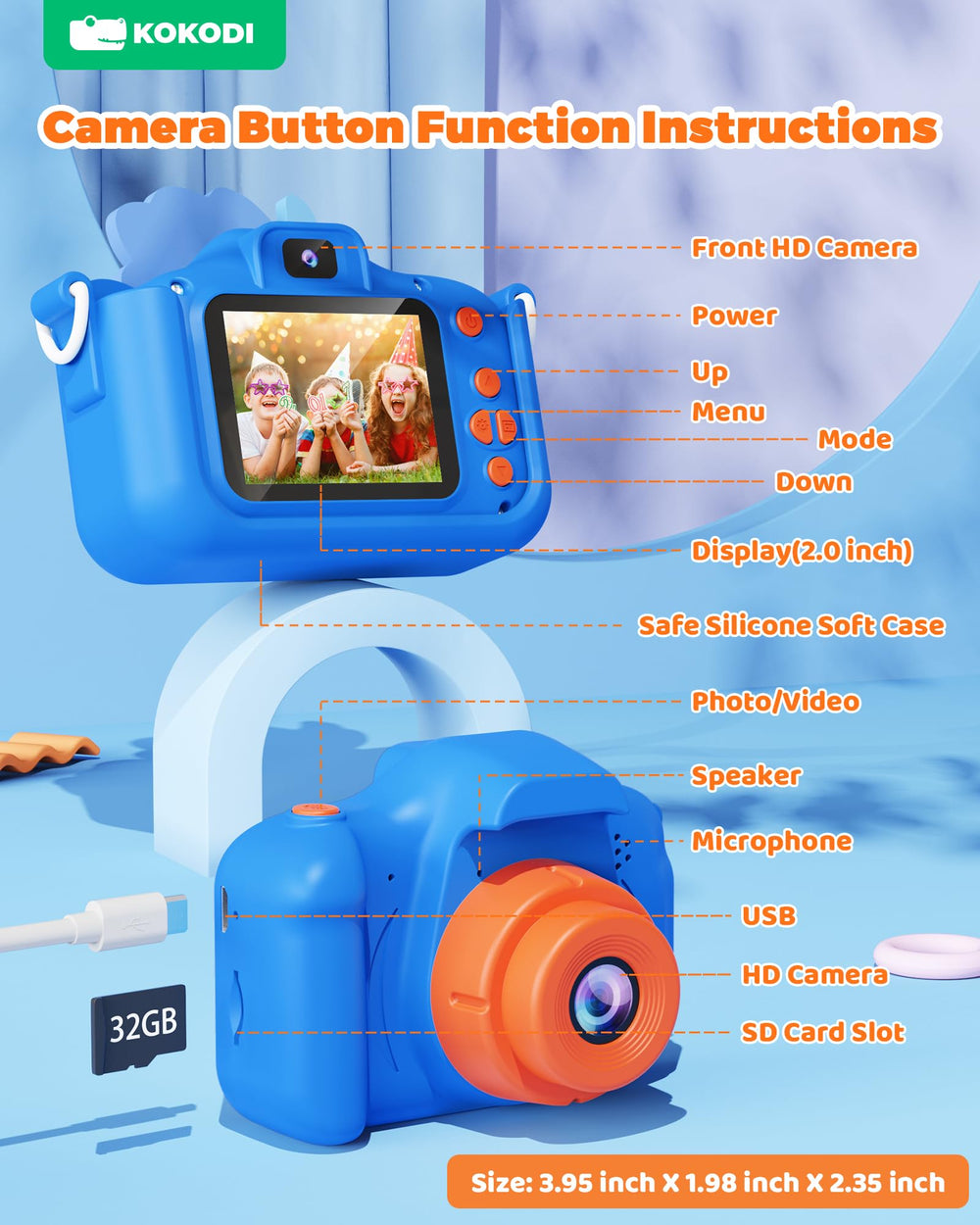 KOKODI camera package includes case, USB cable, 32GB card, and lanyard.