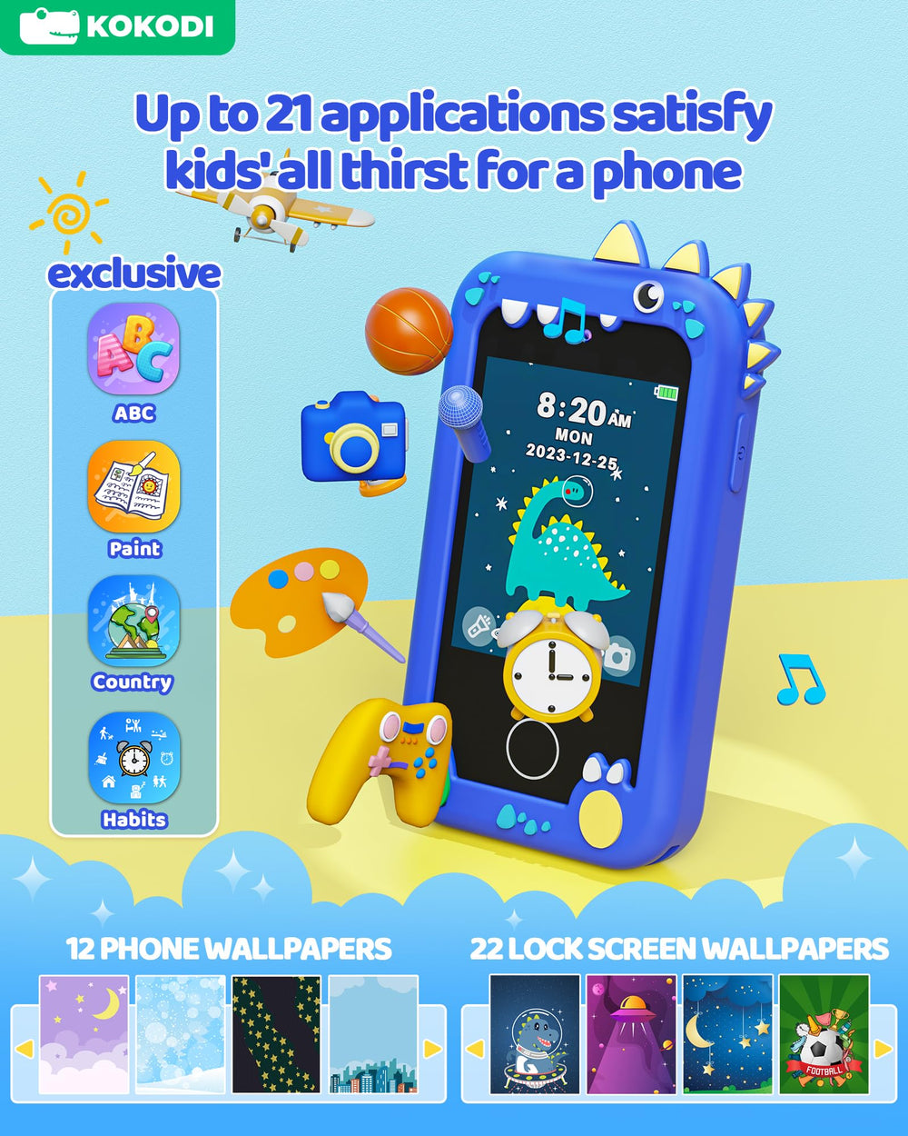 KOKODI Kids Phone 2.8-inch touchscreen for easy photo and video capture.