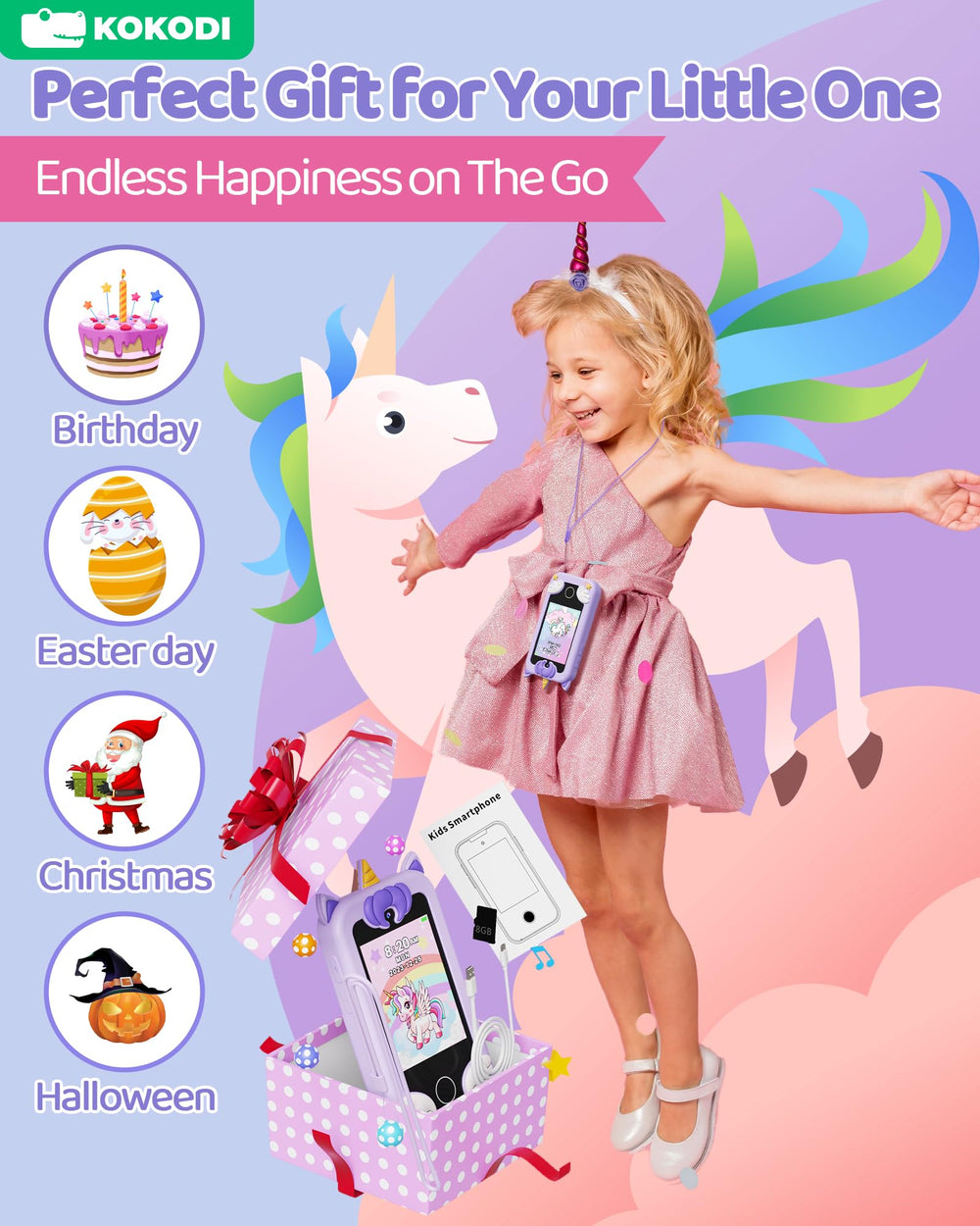 KOKODI Kids Phone Toy unicorn-star packaging view suggests a thoughtful gift ready package.