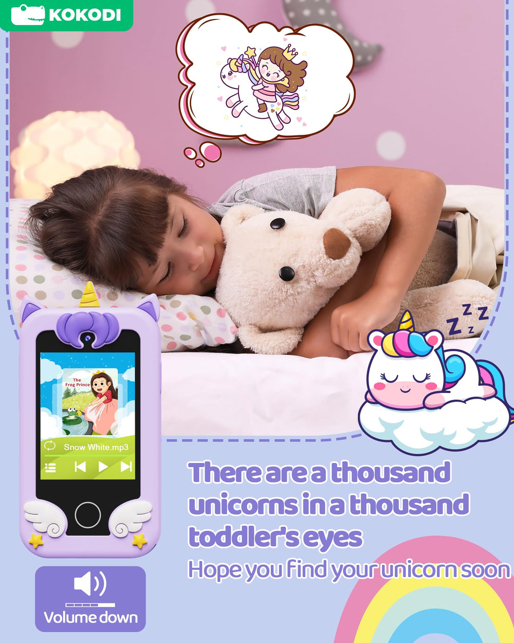 KOKODI Kids Phone Toy preloaded games illustration indicates instant play and learning.