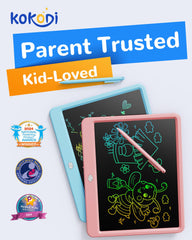 KOKODI LCD Writing Tablet child in car demonstrates portable learning and entertainment.