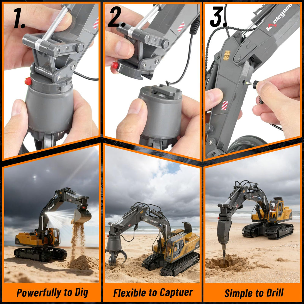 Kolegend all-terrain excavator with rubber tracks navigates gravel and sand.