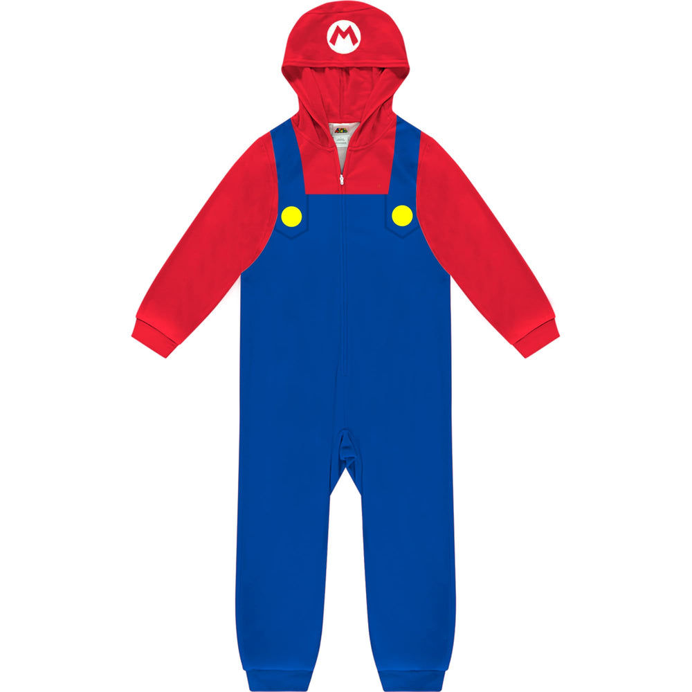 Komar Kids Super Mario hooded onesie front view, cozy zipper for sleep and play