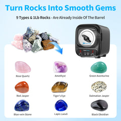 KomeStone K2 Elite kit contents showing rocks, belts, and polishing supplies.