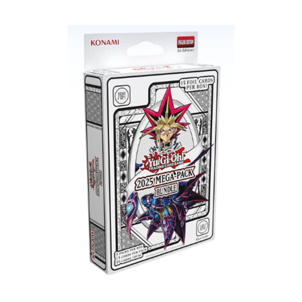 Konami Yu-Gi-Oh! 2025 Mega Pack front view highlights potential foil cards for collectors.