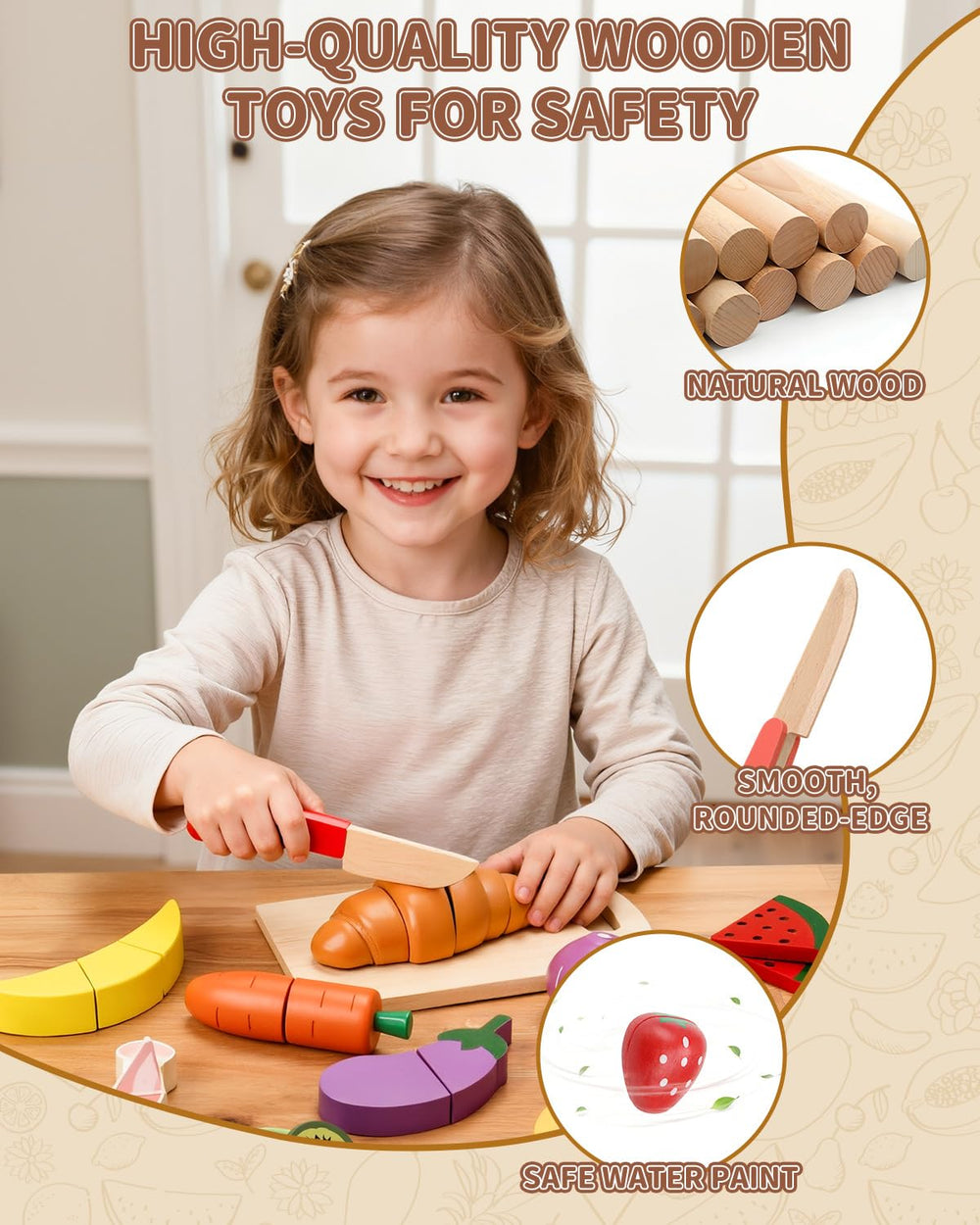 KONYXALU wooden play food set with meats and desserts for creative pretend meals
