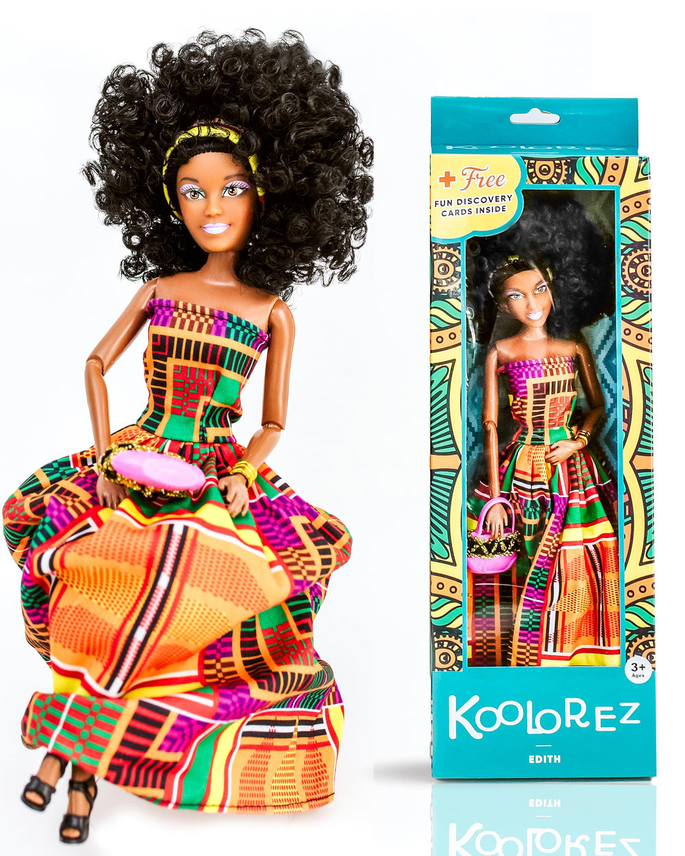 KOOLOREZ Edith black doll portrait highlights authentic skin tone for relatable play.