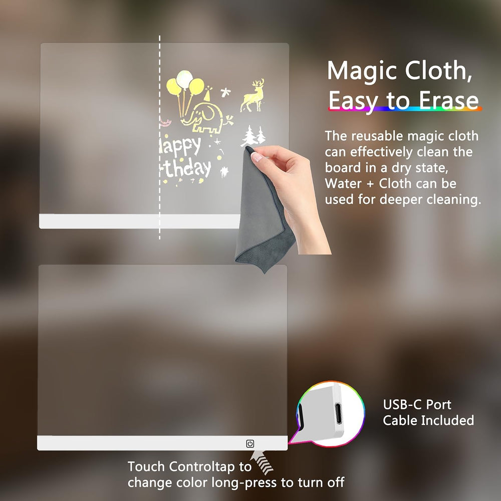 Koolow Lumiboard includes markers, stand, and cleaning cloth for easy setup.