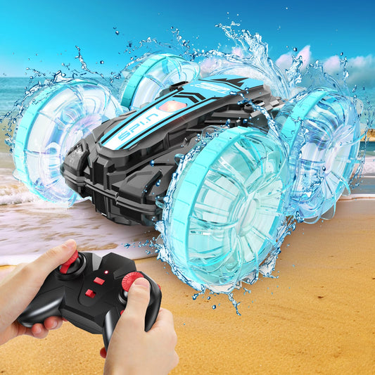 Korffe amphibious RC car in water showcasing waterproof design for pool and beach play.