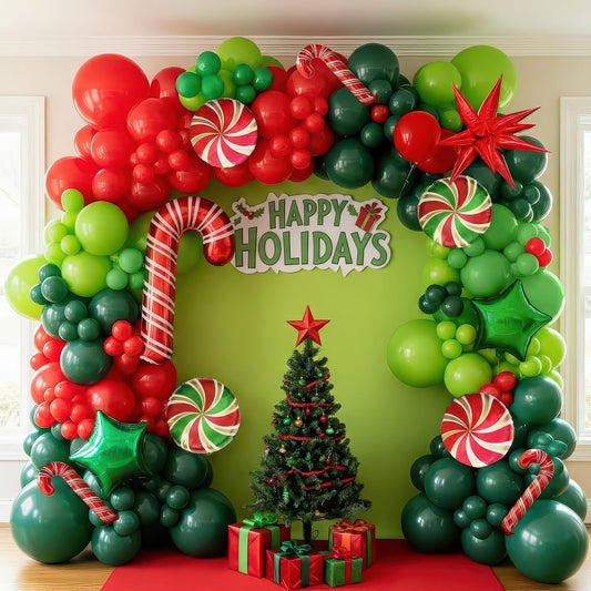 Kozee balloon arch in red and green creates festive entryway appeal for Christmas parties.