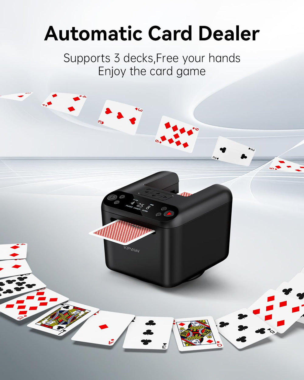 KPAW card dealer supports up to three decks for versatile play.