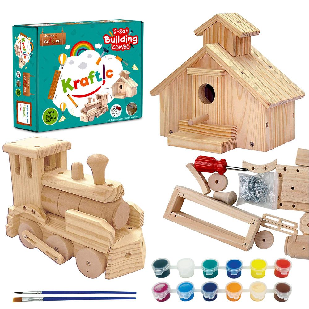 Kraftic Woodworking Kit contents with real wood and screws for hands-on learning.