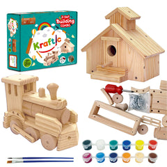 Kraftic Woodworking Kit contents with real wood and screws for hands-on learning.