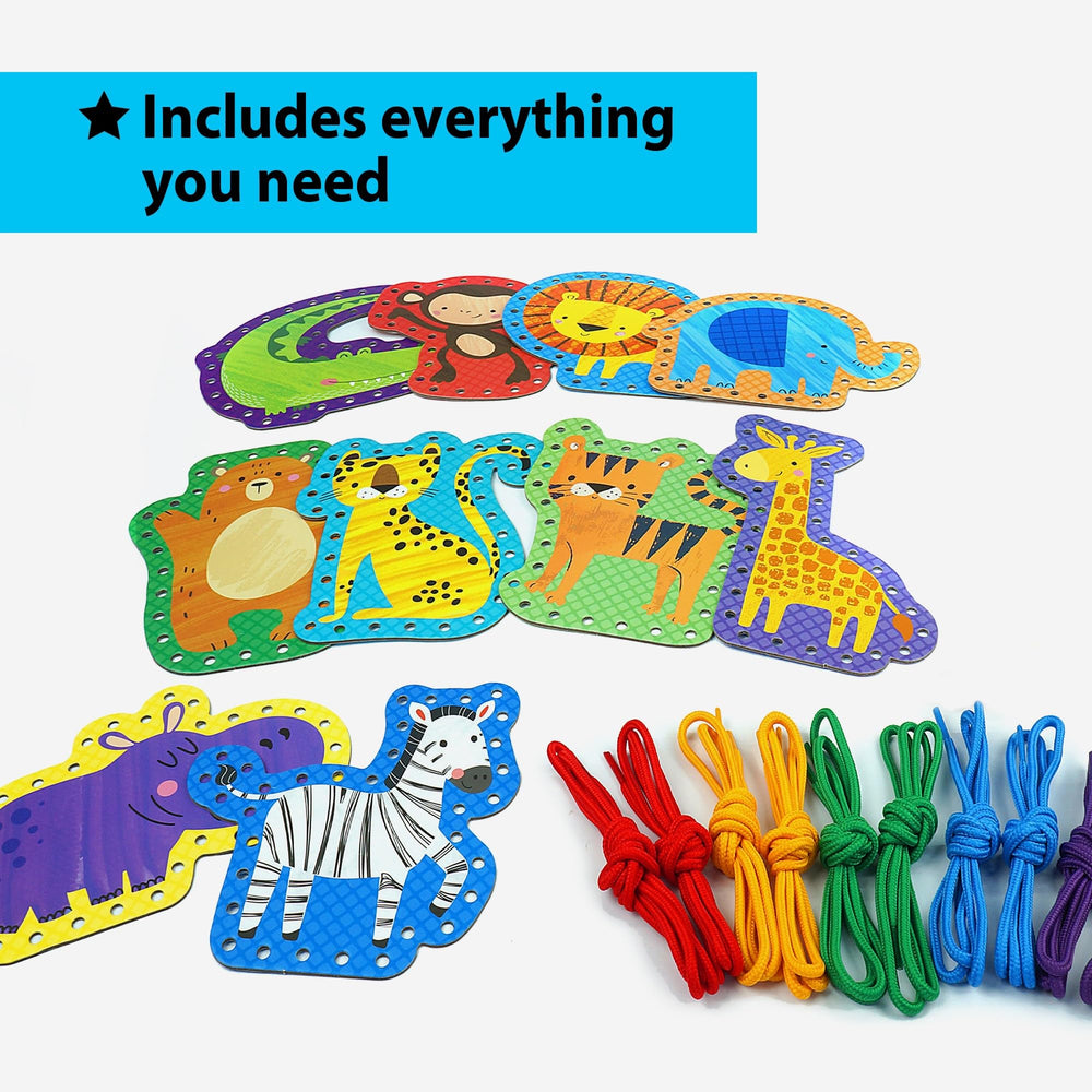 KRAFUN 10 Easy Lacing Cards featuring animals for engaging fine motor practice.