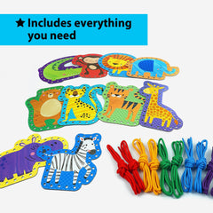 KRAFUN 10 Easy Lacing Cards featuring animals for engaging fine motor practice.