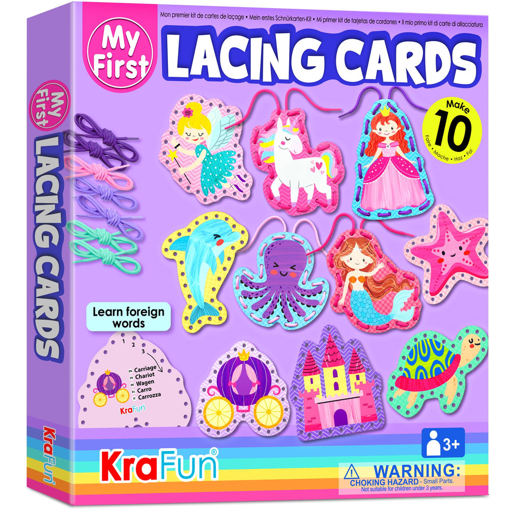 KRAFUN beginner unicorn lacing card helps kids develop fine motor skills.