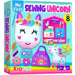 KRAFUN My First Unicorn kit box close-up showing organized beginner sewing materials.