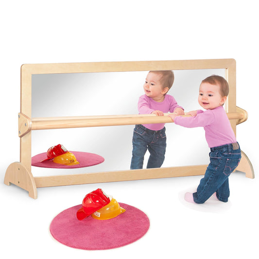 KRAND 3-Position Montessori wood frame pull-up bar with mirror supports toddler coordination.