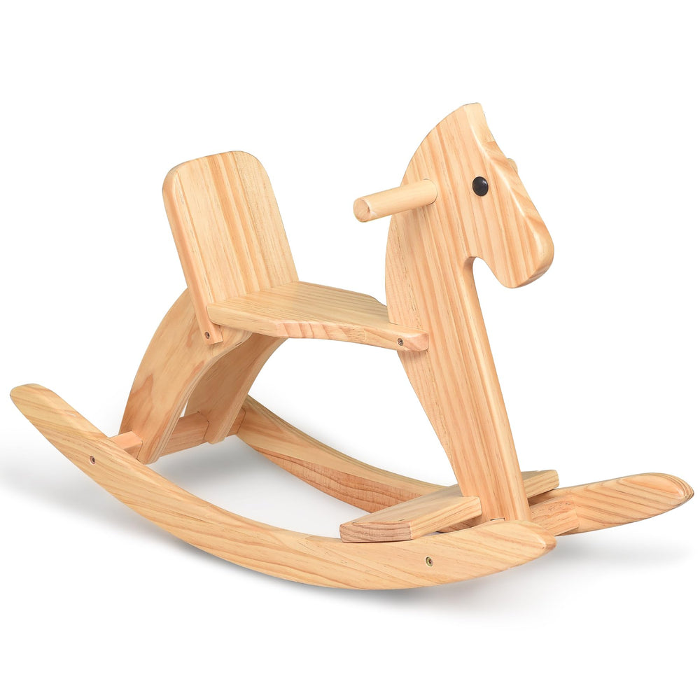 KRAND rocking horse side view highlights natural pine wood finish for durable, timeless play