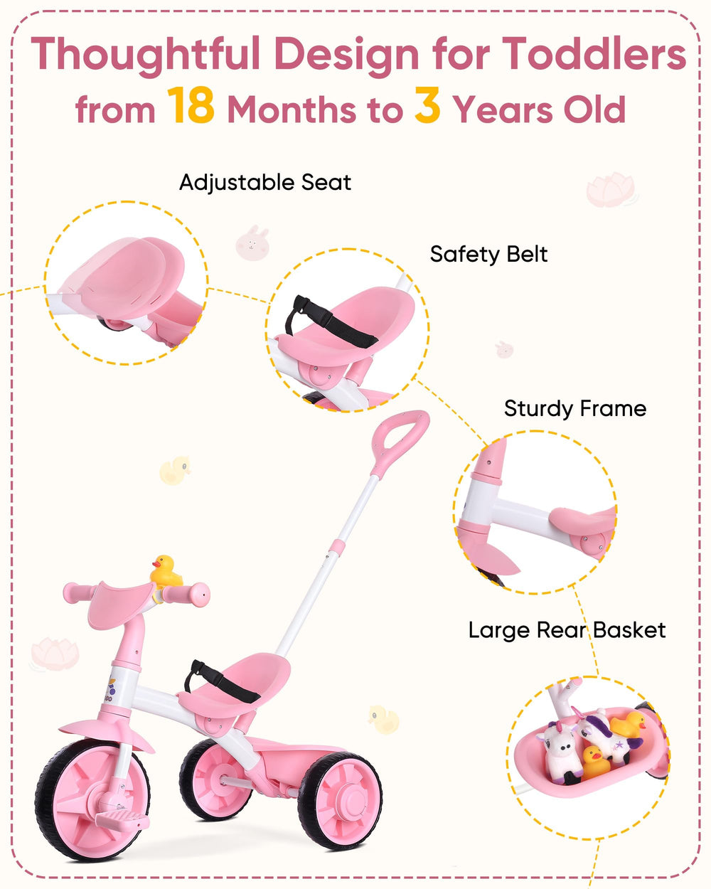 KRIDDO 2-in-1 kids tricycle pink adjustable push handle for parent guidance.