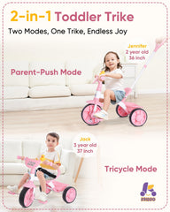 KRIDDO 2-in-1 kids tricycle pink unhookable pedals enable smooth pushing.