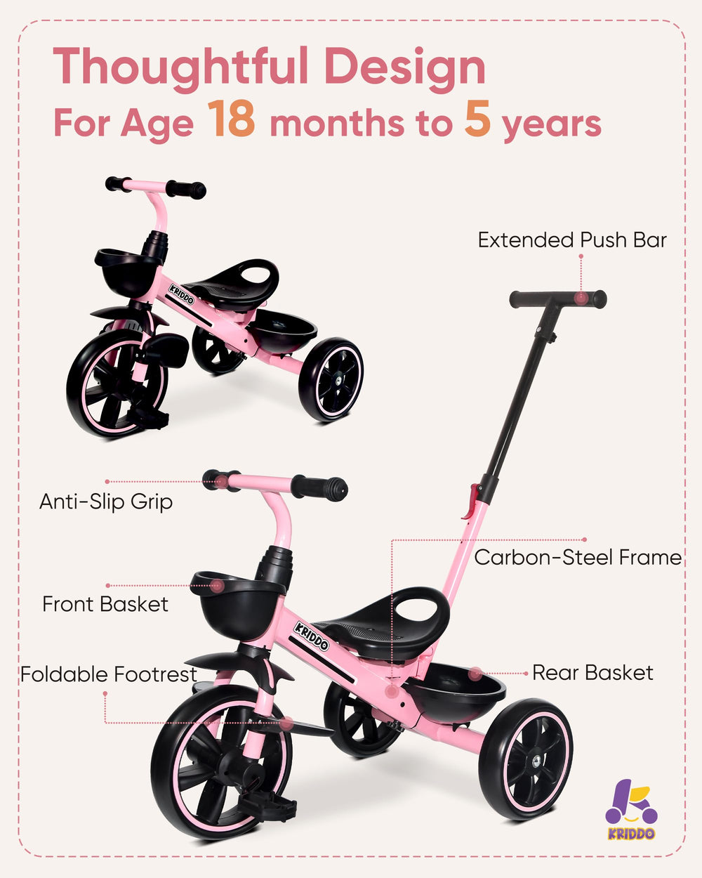 KRIDDO 2-in-1 toddler tricycle ideal for indoor and outdoor adventures
