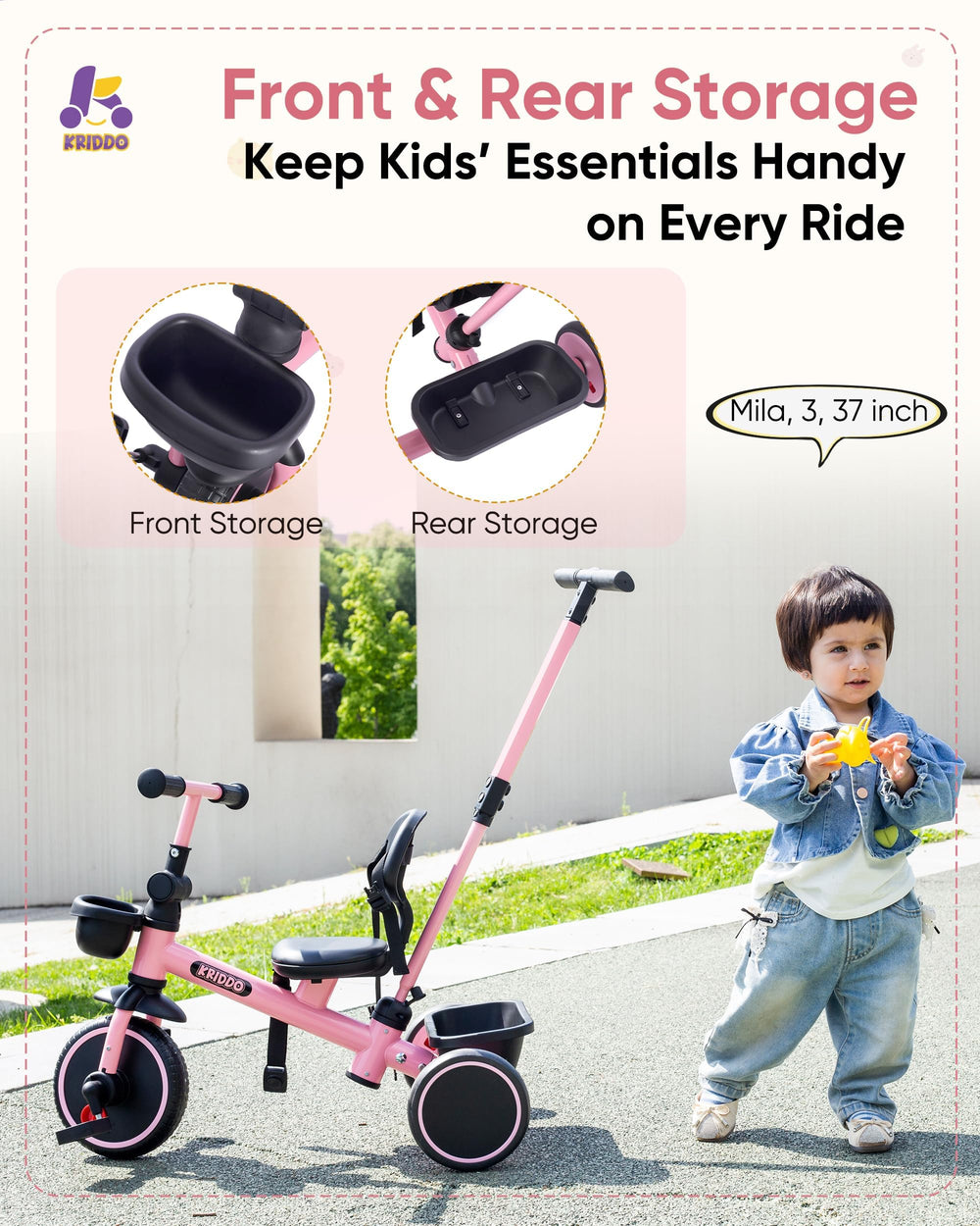 KRIDDO pedal clutch front view pink enables easy mode switch between push and ride