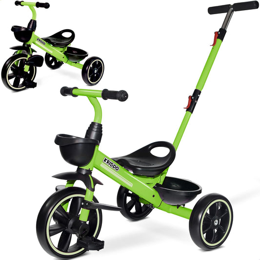KRIDDO 2-in-1 toddler tricycle with extended push handle for comfortable parent pushing