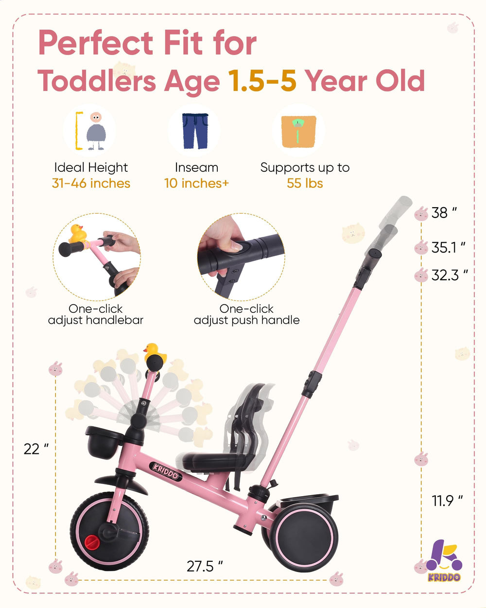 KRIDDO 2-in-1 toddler tricycle side view pink showcases overall design and storage