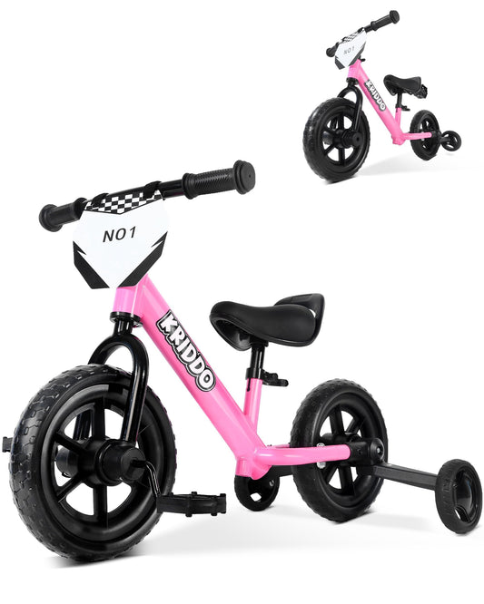 KRIDDO 2-in-1 trike and balance bike in pink, kid-friendly ride transition.