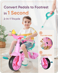 KRIDDO pink tricycle features a duck bell for playful signaling