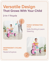KRIDDO pink tricycle includes a storage bucket for toys on adventures