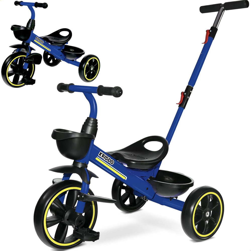 KRIDDO 2-in-1 toddler tricycle with extended push handle for easy parent-assisted rides.