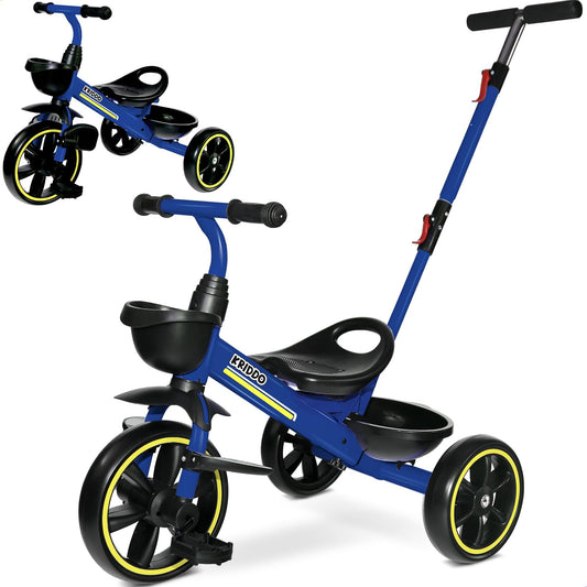 KRIDDO 2-in-1 toddler tricycle with extended push handle for easy parent-assisted rides.