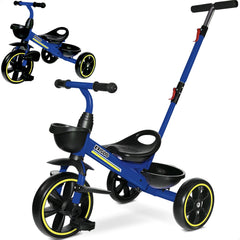 KRIDDO 2-in-1 toddler tricycle with extended push handle for easy parent-assisted rides.