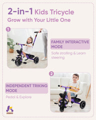 KRIDDO 2-in-1 tricycle with foldable front footrest supporting growing children.