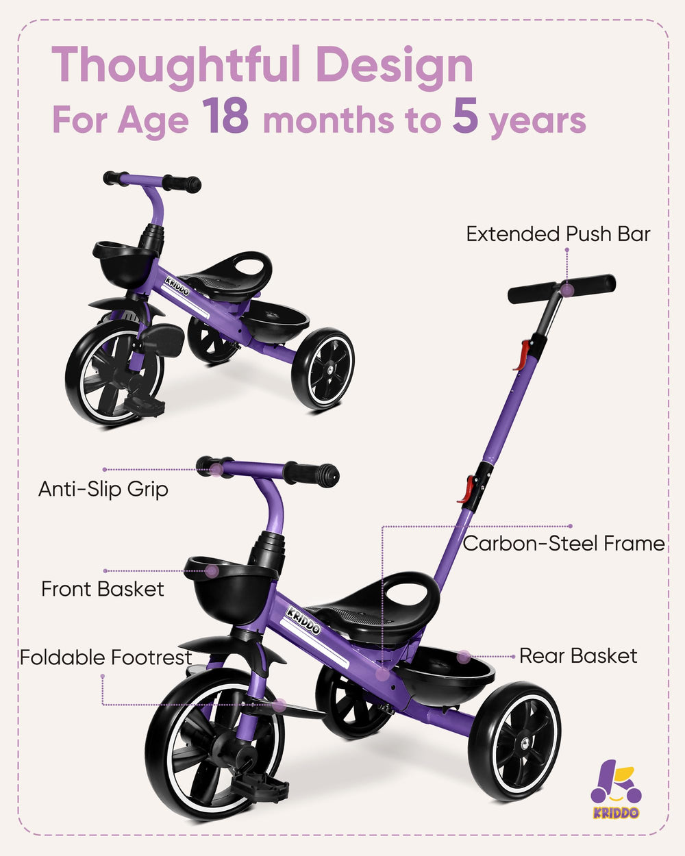 KRIDDO purple color 2-in-1 toddler tricycle ready for playtime adventures.