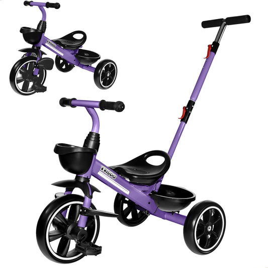 KRIDDO 2-in-1 toddler tricycle with extended push-handle for easier parent steering.