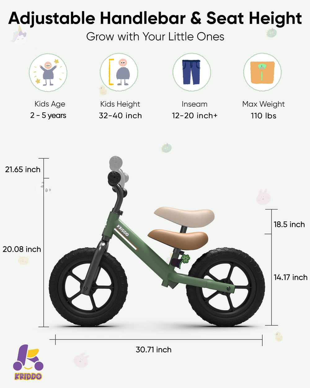 KRIDDO balance bike all-terrain tires for diverse surfaces.