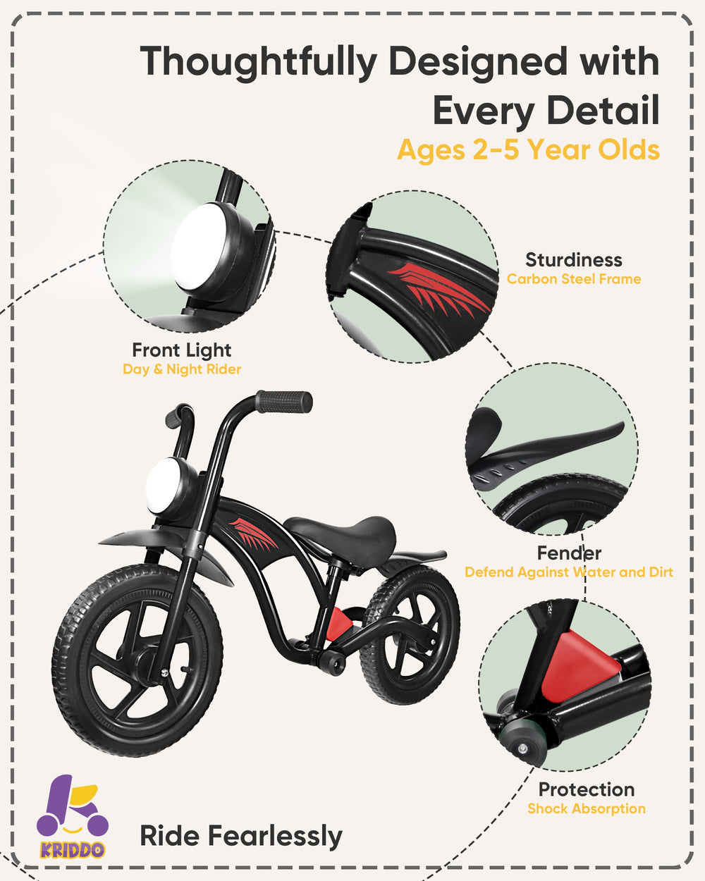 KRIDDO balance bike front fender keeps clothes clean