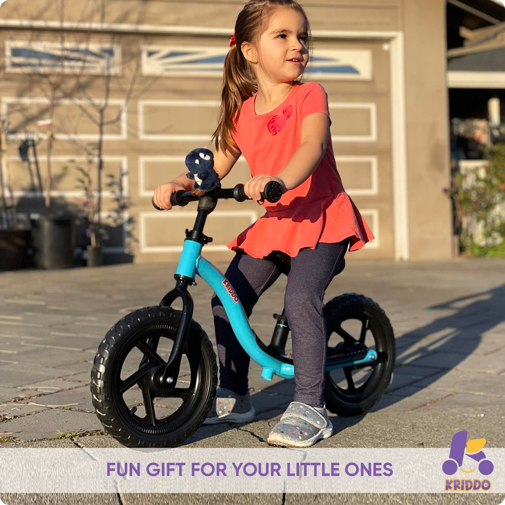KRIDDO balance bike plush animal buddy adds riding fun.