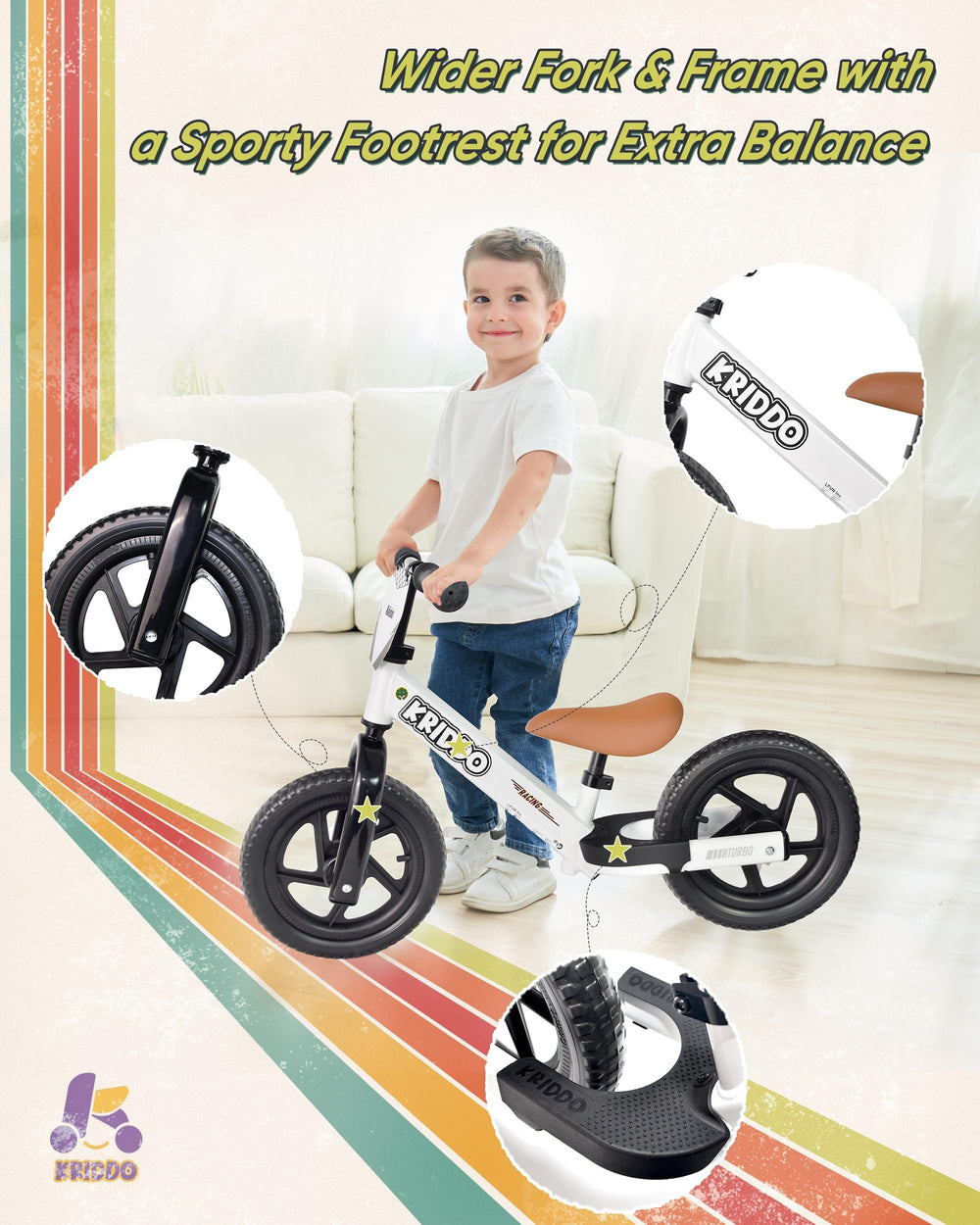 KRIDDO racing-style frame offers a sturdy, stylish ride for young racers.