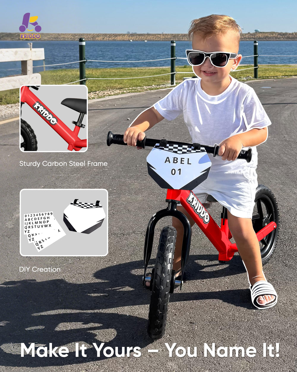 KRIDDO balance bike with soft seat and grip handlebars for comfortable riding sessions.