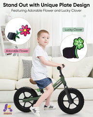 KRIDDO balance bike with clover plate under the seat for personalization.
