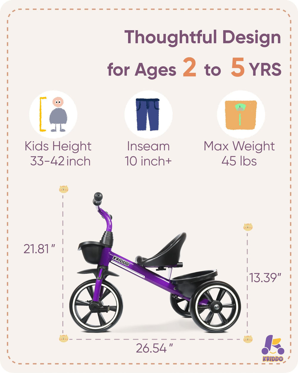 KRIDDO Tricycle features ergonomic seat and non-slip grips for comfortable riding.