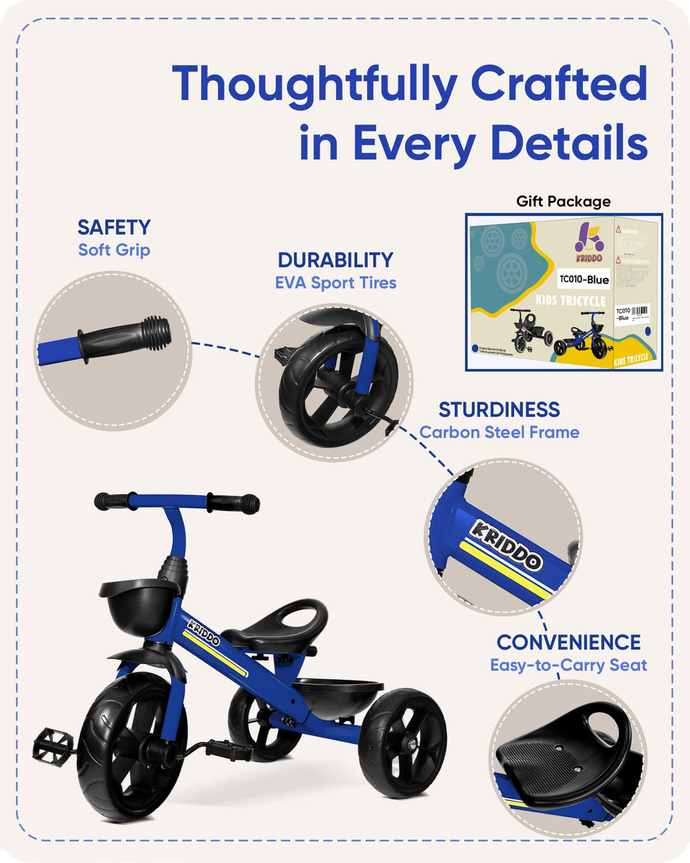 KRIDDO kids tricycle indoor-outdoor use offers versatile riding options