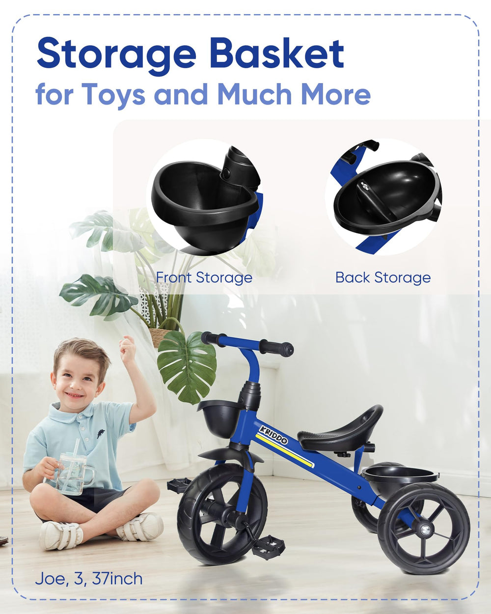 KRIDDO kids tricycle non-slip handle grips provide secure handling during play