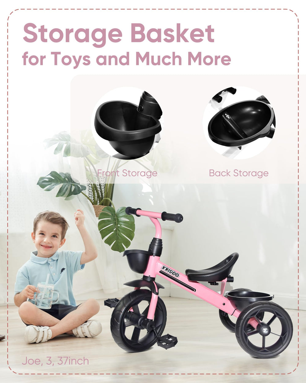 KRIDDO pink grips highlight secure non-slip handles for steady steering.