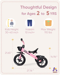 KRIDDO pink indoor outdoor-use tricycle for quiet indoor rides and outdoor exploration.