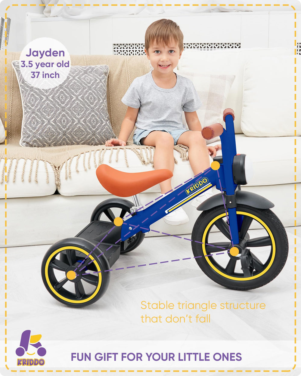 KRIDDO puncture-free wheels provide a smooth, maintenance-free ride.